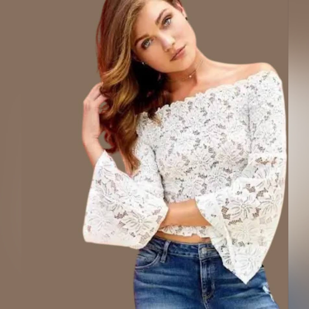 Guess Cream Off The Shoulder Lace Top